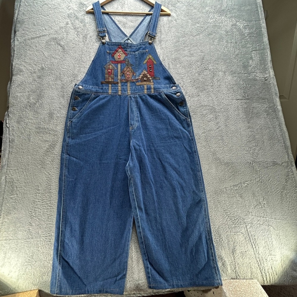 Vintage Denim Overalls Womens XL Birdhouse Patchwork Cottagecore Wide Leg Cotton - Picture 5 of 14